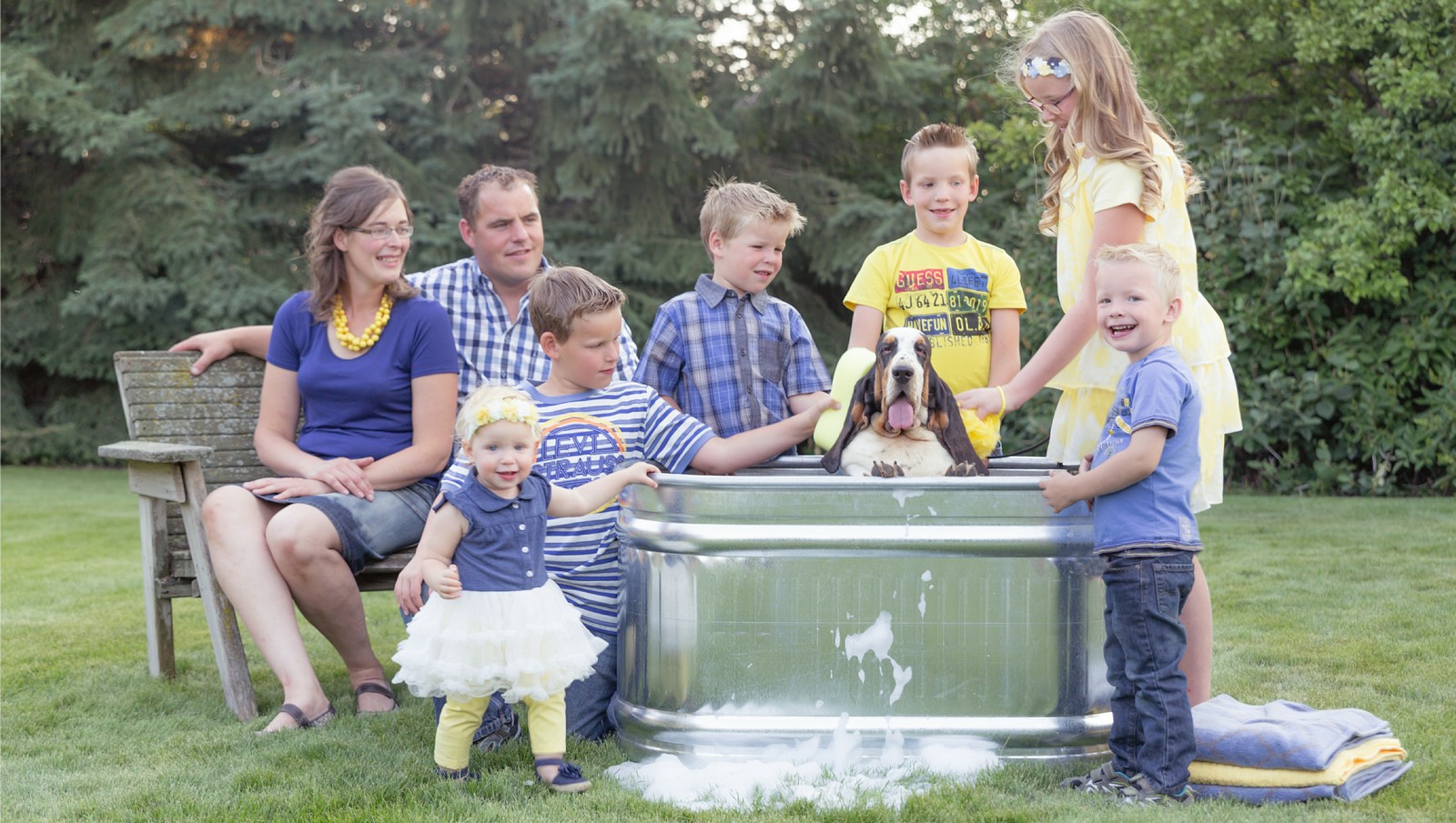 Family giving Basset Hound a bath